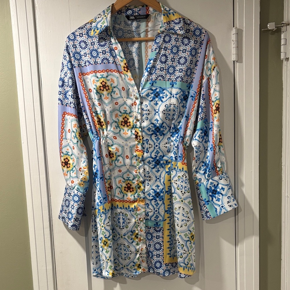 Zara Patterned Button-Up Shirt Dress